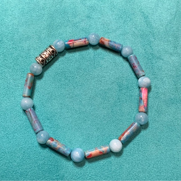 Hand Crafted Stretch Bracelet - Sea Sediment and Jade Beads - Picture 5 of 10